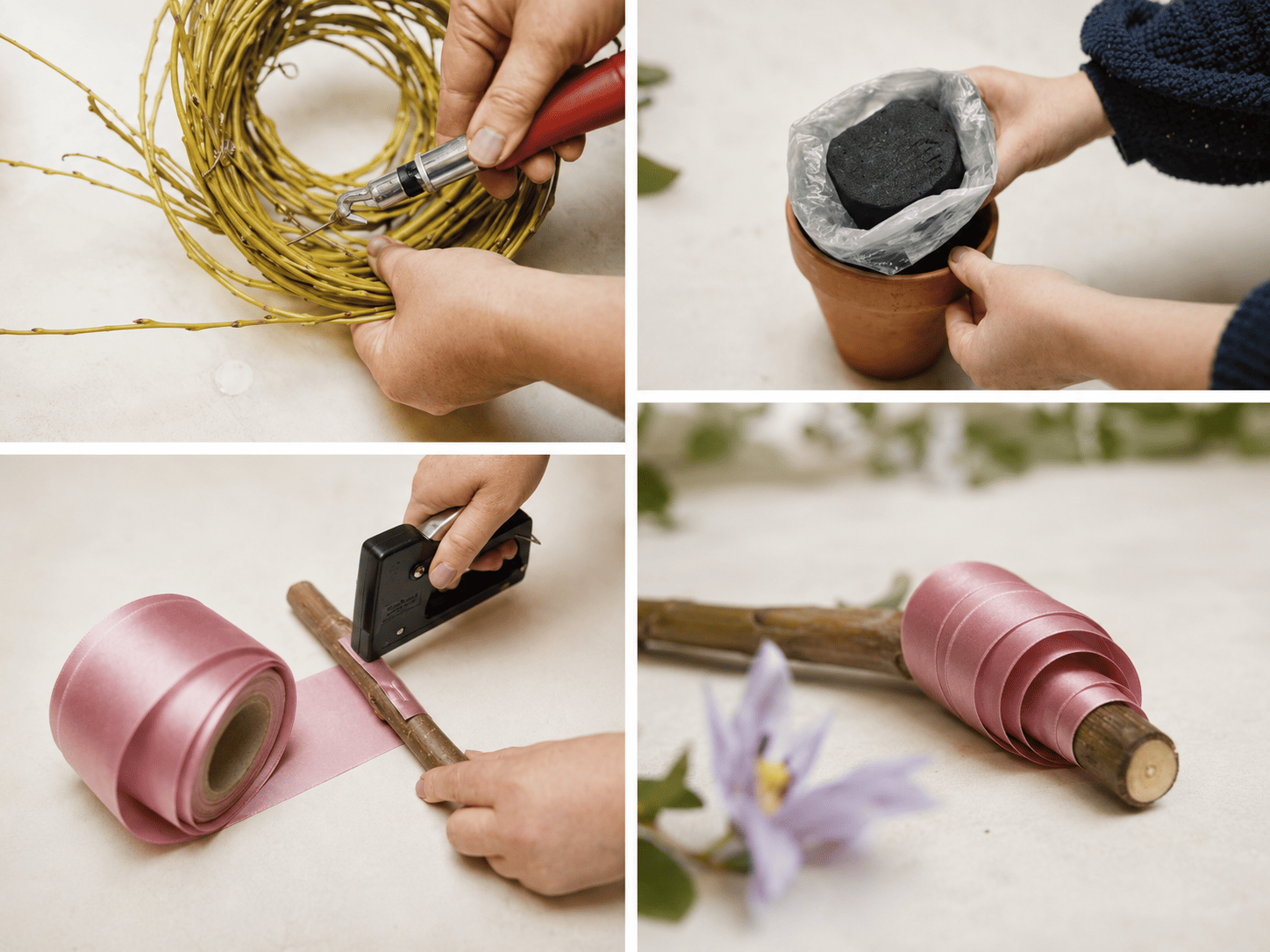 Vier Arbeitsschritte für eine florale Tischdekoration mit Satin-Kranzband