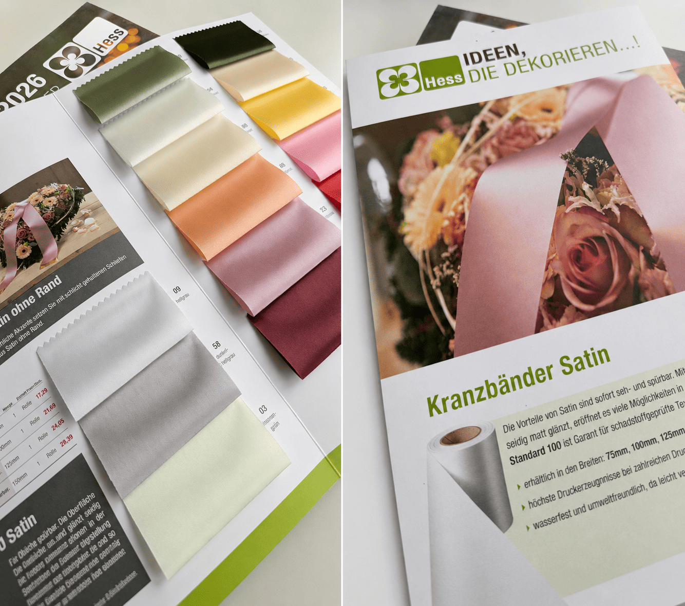 Musterkladde mit verschiedenen Kranzbandqualitäten und Farben